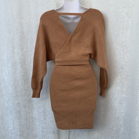 Forever 21 Tan Faux Wrap Tie Waist Knit Sweater Dress - Picture 7 of 11